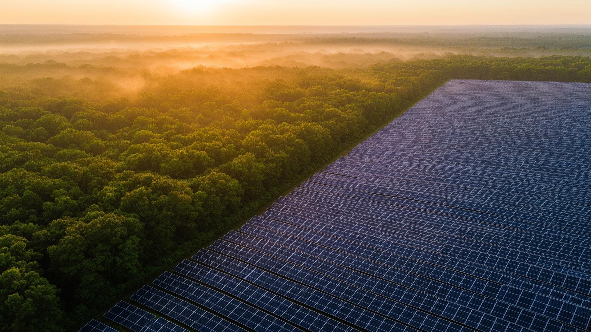 Solar field meeting forest at sunrise